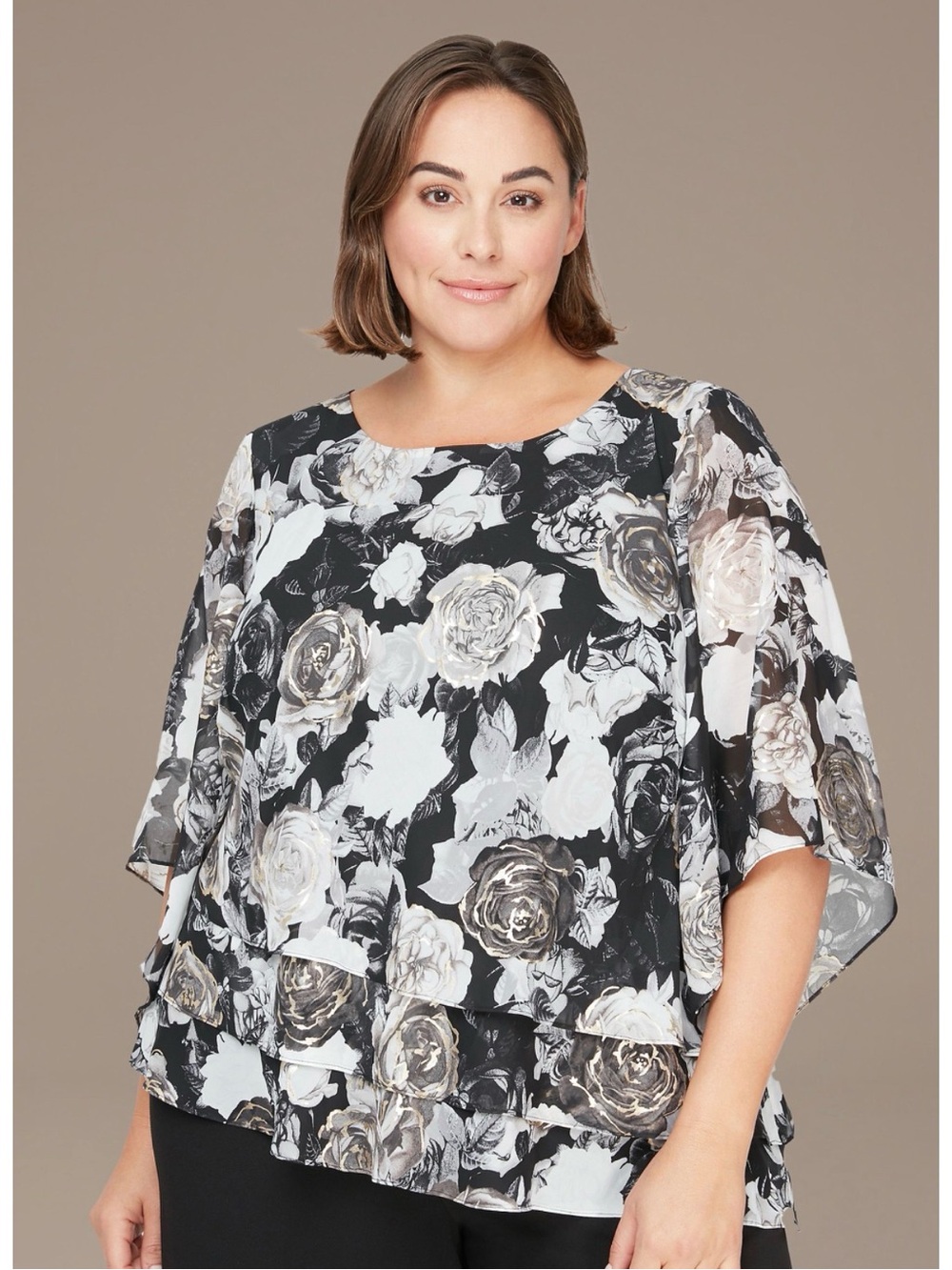 ALEX EVENINGS Women’s Black & White Floral Print Asymmetrical Tiered Blouse